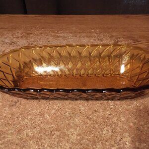 VINTAGE AMBER INDIANA GLASS OVAL RELISH CANDY DISH MCM PRETZEL PATTERN